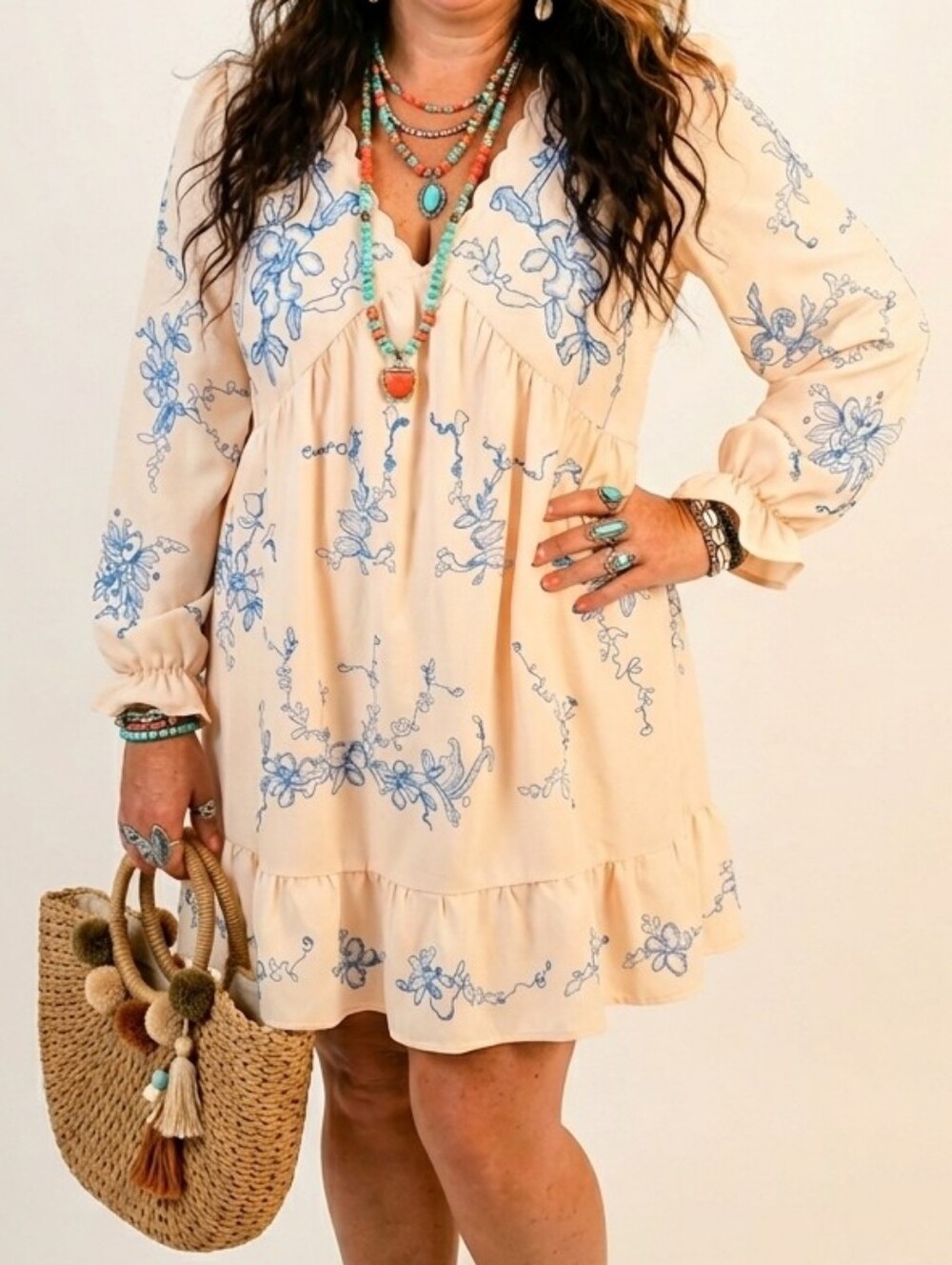 LIKE-NEW Scalloped Trim, Boho Orchids Ruffuled Mini Dress, Blue & Cream, Summer - Picture 1 of 11